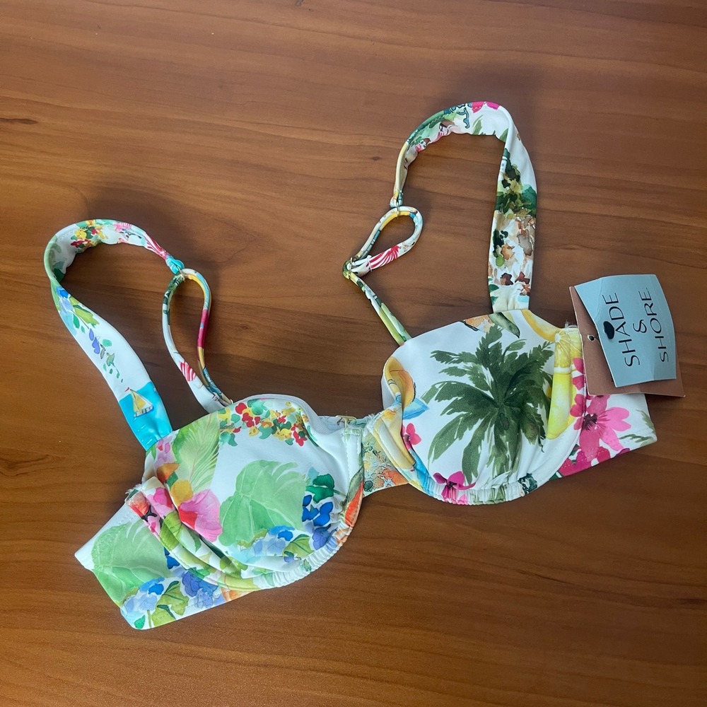 Shade & Shore Sunny Tropical Floral Underwire Low Coverage Bikini Top White 32B